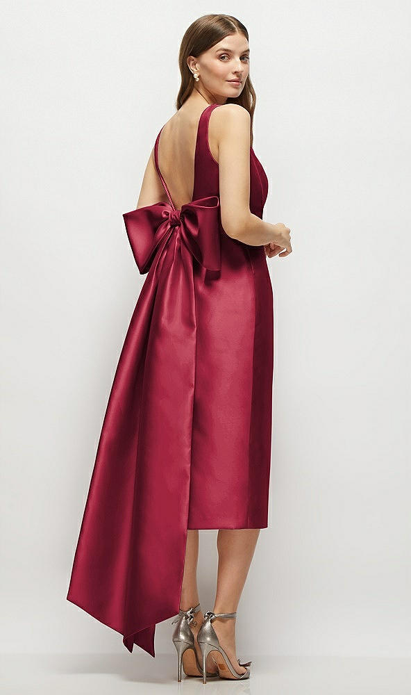 Back View - Burgundy Scoop Neck Corset Satin Midi Dress with Floor-Length Bow Tails