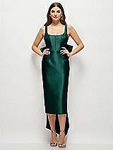 Front View Thumbnail - Evergreen Scoop Neck Corset Satin Midi Dress with Floor-Length Bow Tails