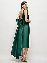 Rear View Thumbnail - Hunter Green Scoop Neck Corset Satin Midi Dress with Floor-Length Bow Tails