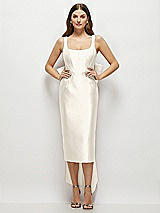 Front View Thumbnail - Ivory Scoop Neck Corset Satin Midi Dress with Floor-Length Bow Tails