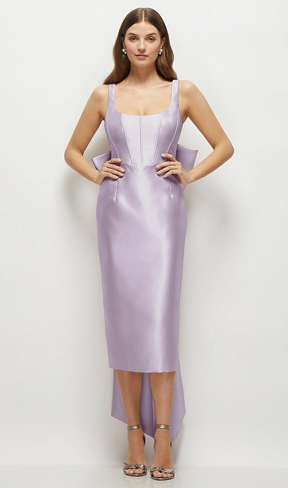 Front View - Lilac Haze Scoop Neck Corset Satin Midi Dress with Floor-Length Bow Tails