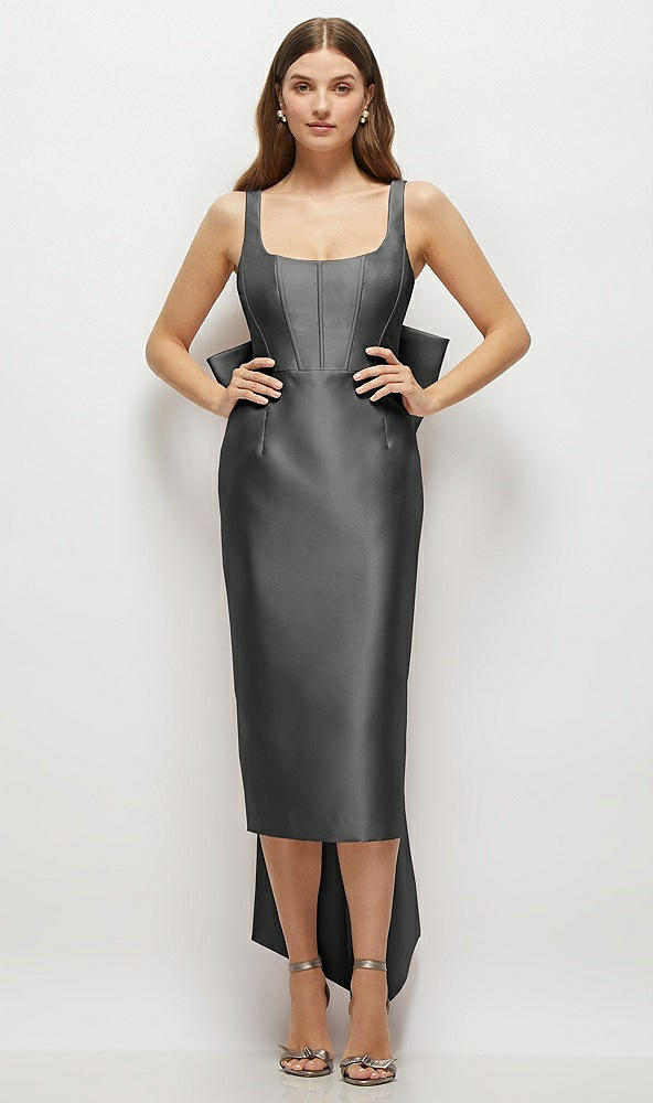 Front View - Pewter Scoop Neck Corset Satin Midi Dress with Floor-Length Bow Tails