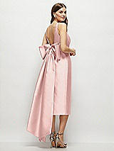 Rear View Thumbnail - Rose - PANTONE Rose Quartz Scoop Neck Corset Satin Midi Dress with Floor-Length Bow Tails