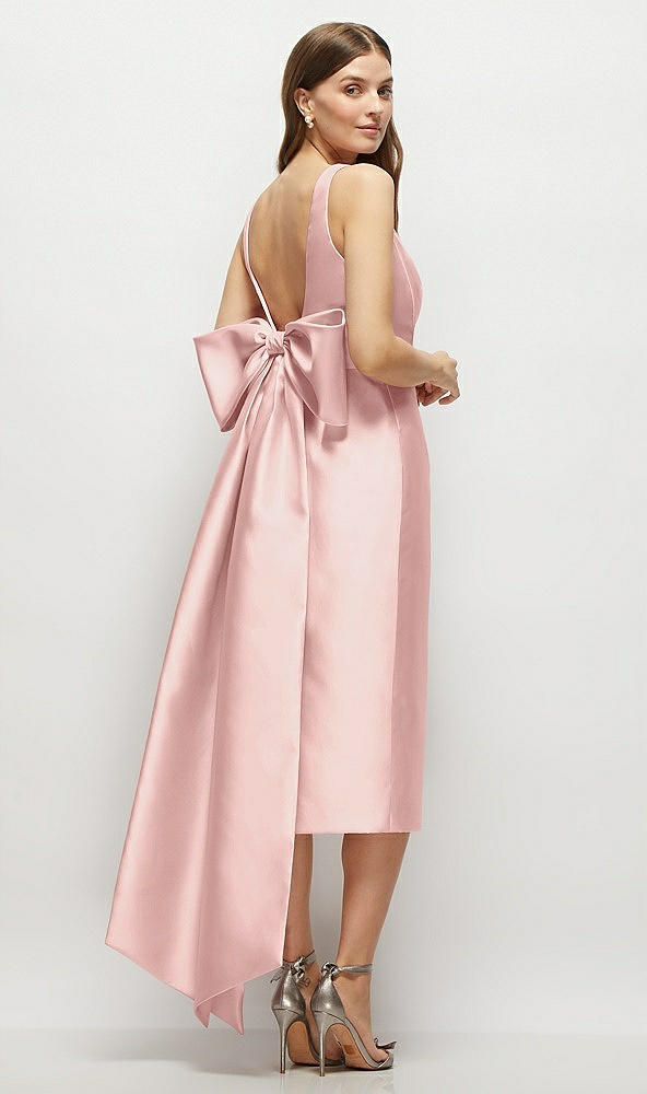 Back View - Rose - PANTONE Rose Quartz Scoop Neck Corset Satin Midi Dress with Floor-Length Bow Tails