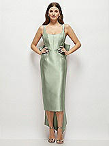 Front View Thumbnail - Sage Scoop Neck Corset Satin Midi Dress with Floor-Length Bow Tails