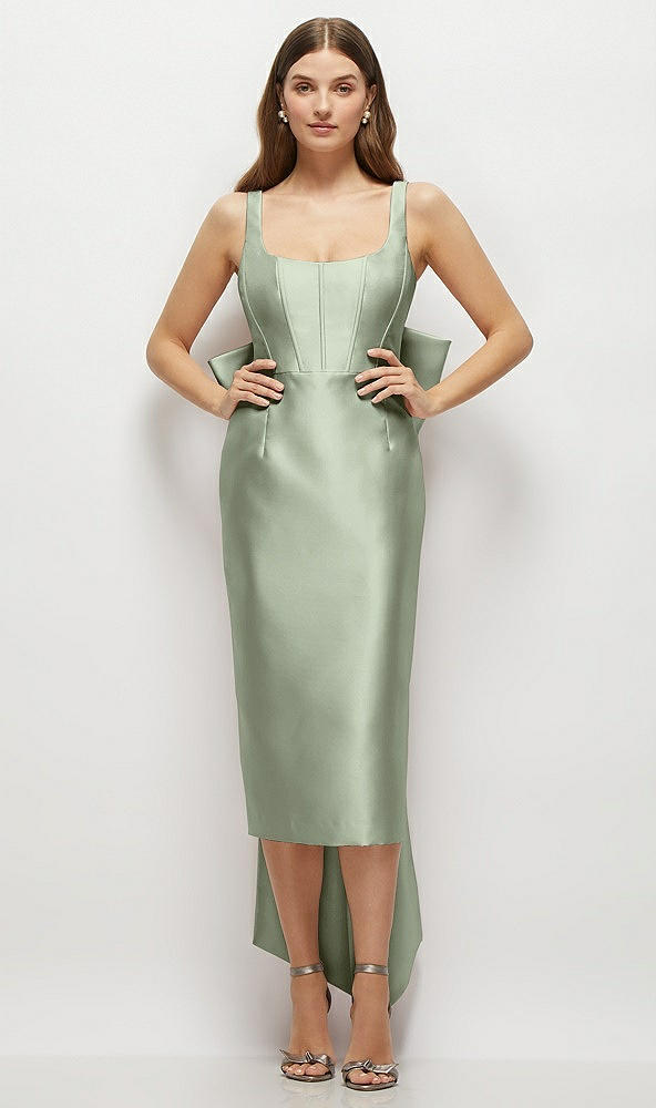 Front View - Sage Scoop Neck Corset Satin Midi Dress with Floor-Length Bow Tails