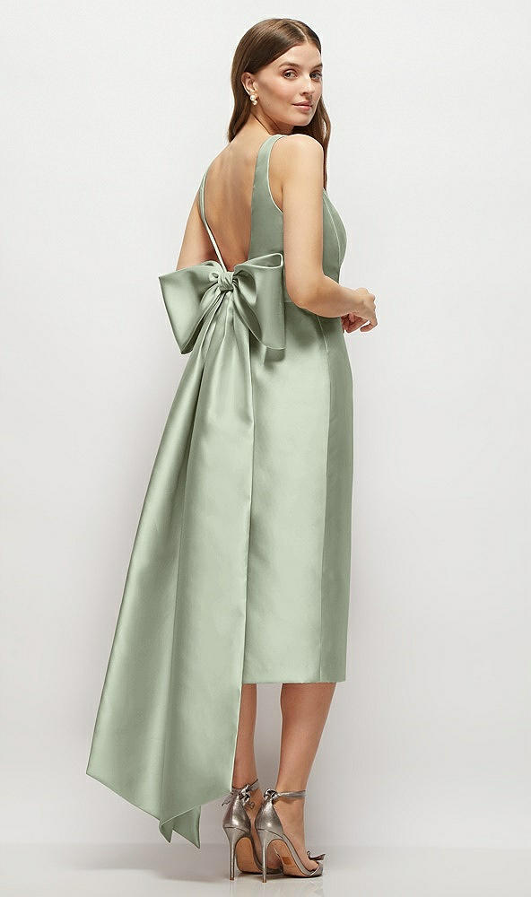 Back View - Sage Scoop Neck Corset Satin Midi Dress with Floor-Length Bow Tails