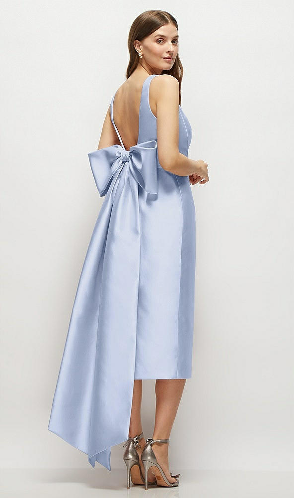 Back View - Sky Blue Scoop Neck Corset Satin Midi Dress with Floor-Length Bow Tails