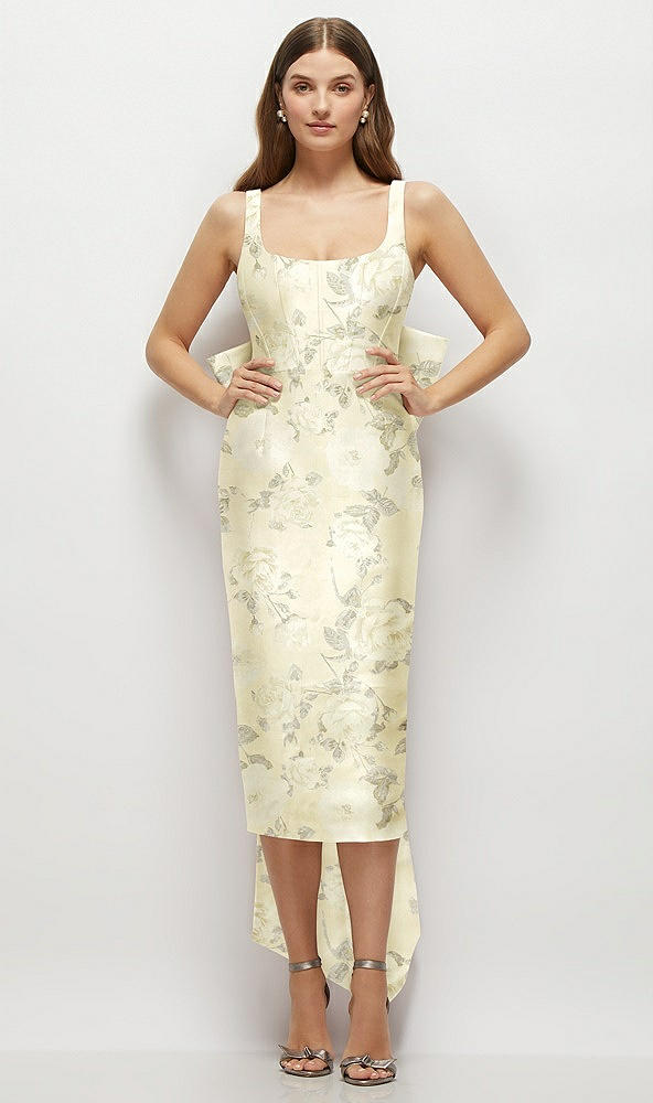 Front View - Butter Yellow Floral Floral Scoop Neck Corset Satin Midi Dress with Floor-Length Bow Tails