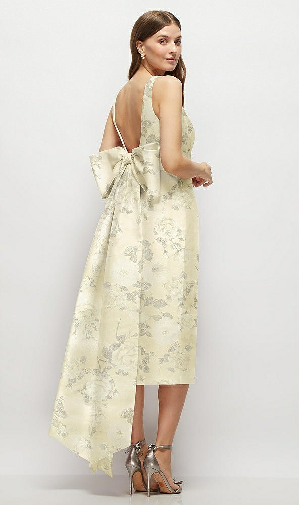 Back View - Butter Yellow Floral Floral Scoop Neck Corset Satin Midi Dress with Floor-Length Bow Tails