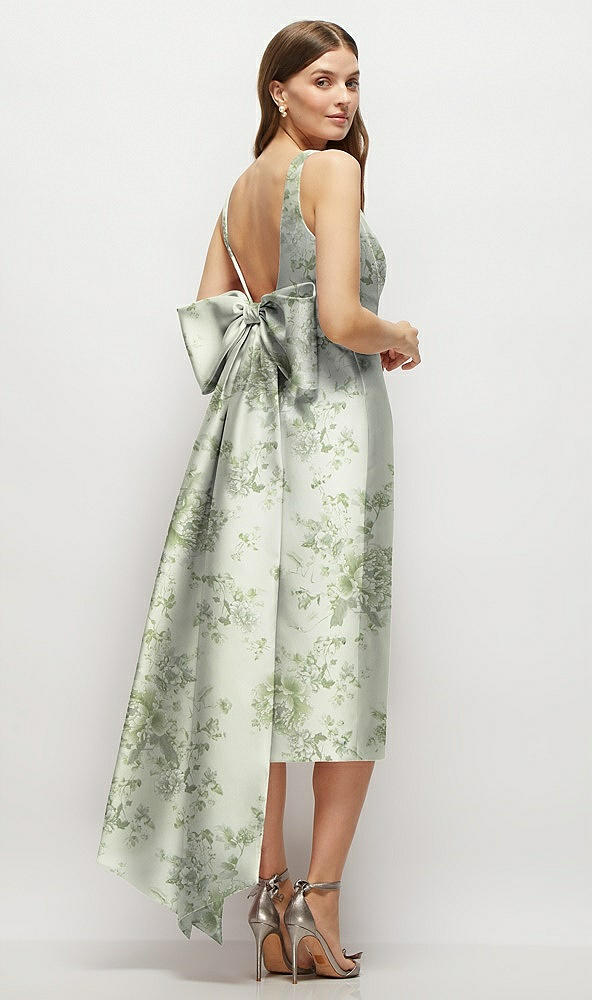 Back View - Sage Cottage Rose Floral Scoop Neck Corset Satin Midi Dress with Floor-Length Bow Tails