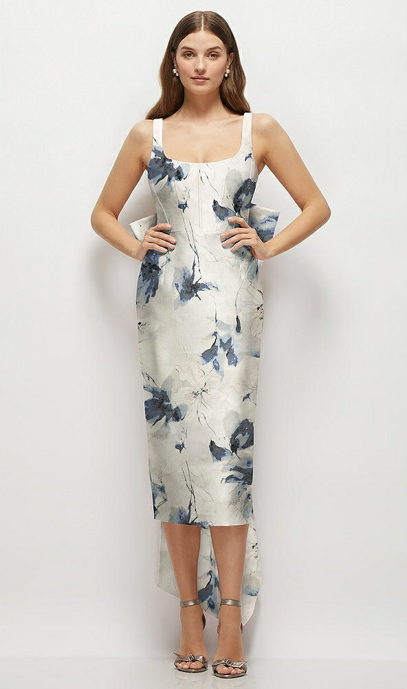 Front View - Inkwash Blue Floral Floral Scoop Neck Corset Satin Midi Dress with Floor-Length Bow Tails