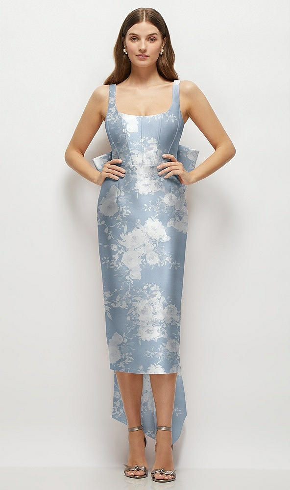 Front View - Porcelain Blue Seraphina Floral Floral Scoop Neck Corset Satin Midi Dress with Floor-Length Bow Tails