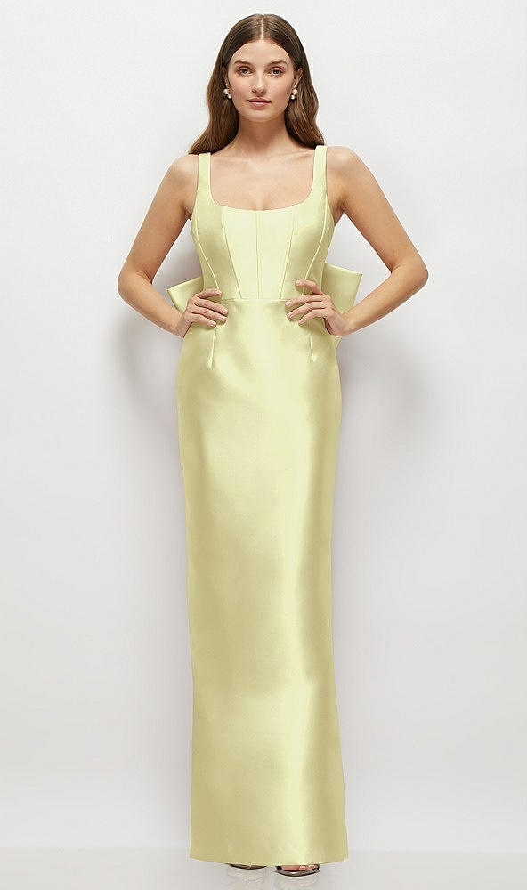 Back View - Butter Yellow Scoop Neck Corset Satin Maxi Dress with Floor-Length Bow Tails