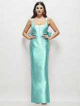 Rear View Thumbnail - Coastal Scoop Neck Corset Satin Maxi Dress with Floor-Length Bow Tails