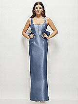 Rear View Thumbnail - Larkspur Blue Scoop Neck Corset Satin Maxi Dress with Floor-Length Bow Tails