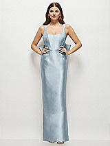 Rear View Thumbnail - Mist Scoop Neck Corset Satin Maxi Dress with Floor-Length Bow Tails