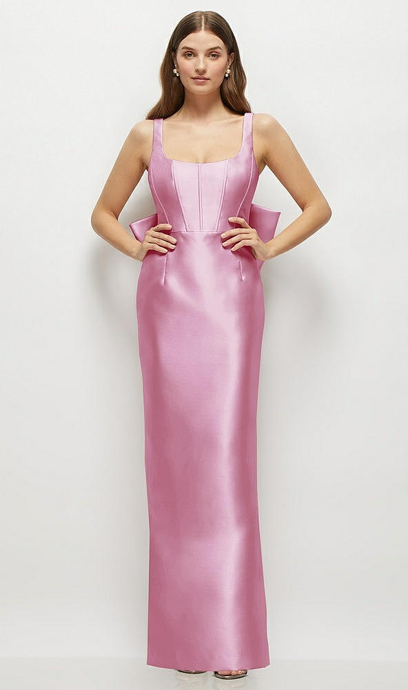 Back View - Powder Pink Scoop Neck Corset Satin Maxi Dress with Floor-Length Bow Tails