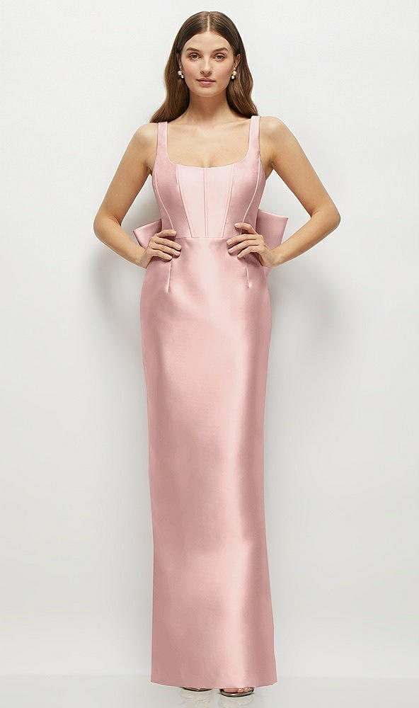 Back View - Rose - PANTONE Rose Quartz Scoop Neck Corset Satin Maxi Dress with Floor-Length Bow Tails