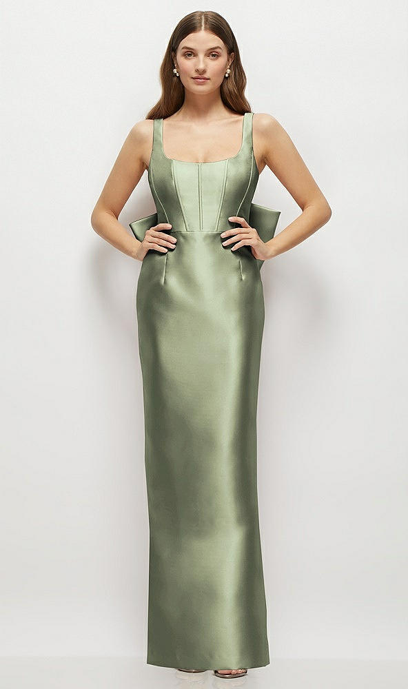 Back View - Sage Scoop Neck Corset Satin Maxi Dress with Floor-Length Bow Tails