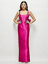 Rear View Thumbnail - Think Pink Scoop Neck Corset Satin Maxi Dress with Floor-Length Bow Tails