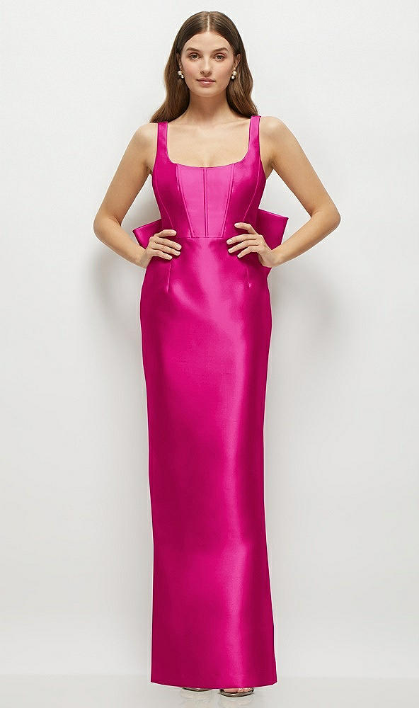 Back View - Think Pink Scoop Neck Corset Satin Maxi Dress with Floor-Length Bow Tails