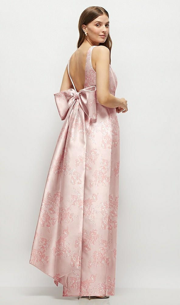 Back View - Bow And Blossom Print Floral Scoop Neck Corset Satin Maxi Dress with Floor-Length Bow Tails