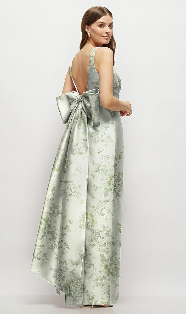 Back View - Sage Cottage Rose Floral Scoop Neck Corset Satin Maxi Dress with Floor-Length Bow Tails