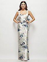 Front View Thumbnail - Inkwash Blue Floral Floral Scoop Neck Corset Satin Maxi Dress with Floor-Length Bow Tails