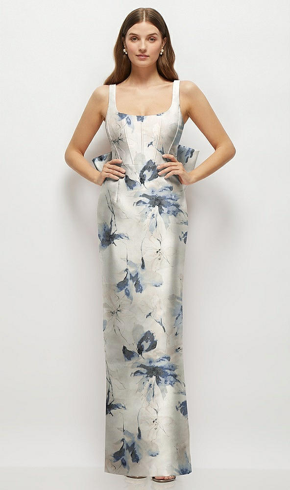 Front View - Inkwash Blue Floral Floral Scoop Neck Corset Satin Maxi Dress with Floor-Length Bow Tails