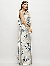 Side View Thumbnail - Inkwash Blue Floral Floral Scoop Neck Corset Satin Maxi Dress with Floor-Length Bow Tails