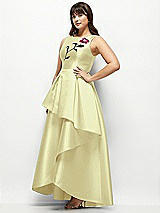 Front View Thumbnail - Butter Yellow Beaded Floral Bodice Satin Maxi Dress with Layered Ballgown Skirt