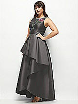 Front View Thumbnail - Caviar Gray Beaded Floral Bodice Satin Maxi Dress with Layered Ballgown Skirt