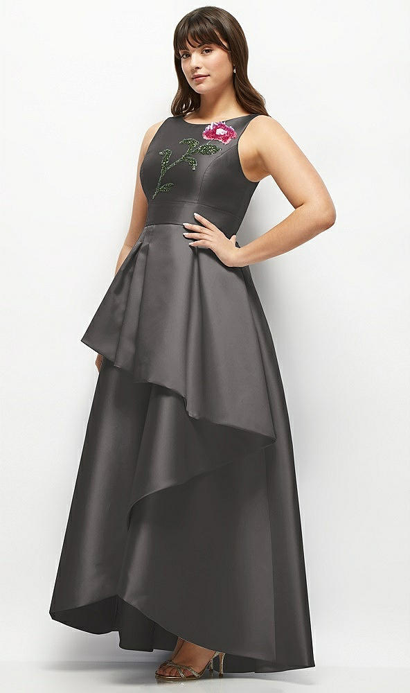 Front View - Caviar Gray Beaded Floral Bodice Satin Maxi Dress with Layered Ballgown Skirt