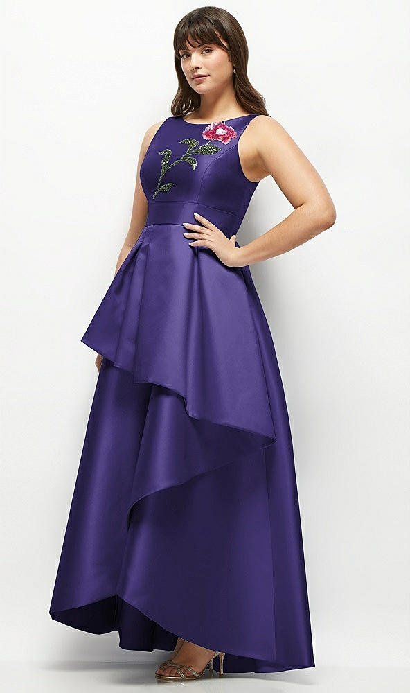 Front View - Grape Beaded Floral Bodice Satin Maxi Dress with Layered Ballgown Skirt