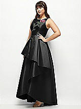 Front View Thumbnail - Black Beaded Floral Bodice Satin Maxi Dress with Layered Ballgown Skirt