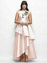 Side View Thumbnail - Blush Beaded Floral Bodice Satin Maxi Dress with Layered Ballgown Skirt