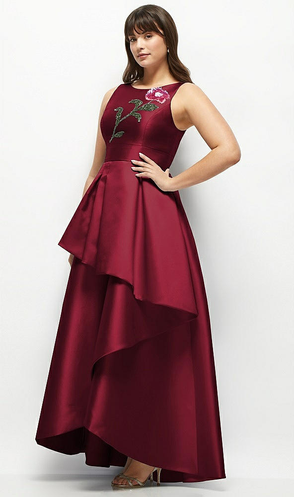 Front View - Burgundy Beaded Floral Bodice Satin Maxi Dress with Layered Ballgown Skirt