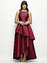 Side View Thumbnail - Burgundy Beaded Floral Bodice Satin Maxi Dress with Layered Ballgown Skirt