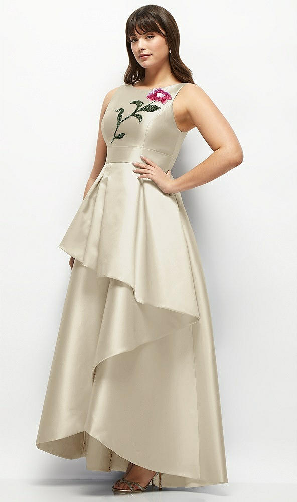 Front View - Champagne Beaded Floral Bodice Satin Maxi Dress with Layered Ballgown Skirt