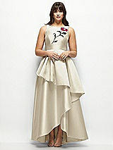 Side View Thumbnail - Champagne Beaded Floral Bodice Satin Maxi Dress with Layered Ballgown Skirt