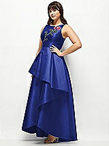 Front View Thumbnail - Cobalt Blue Beaded Floral Bodice Satin Maxi Dress with Layered Ballgown Skirt