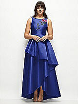 Side View Thumbnail - Cobalt Blue Beaded Floral Bodice Satin Maxi Dress with Layered Ballgown Skirt