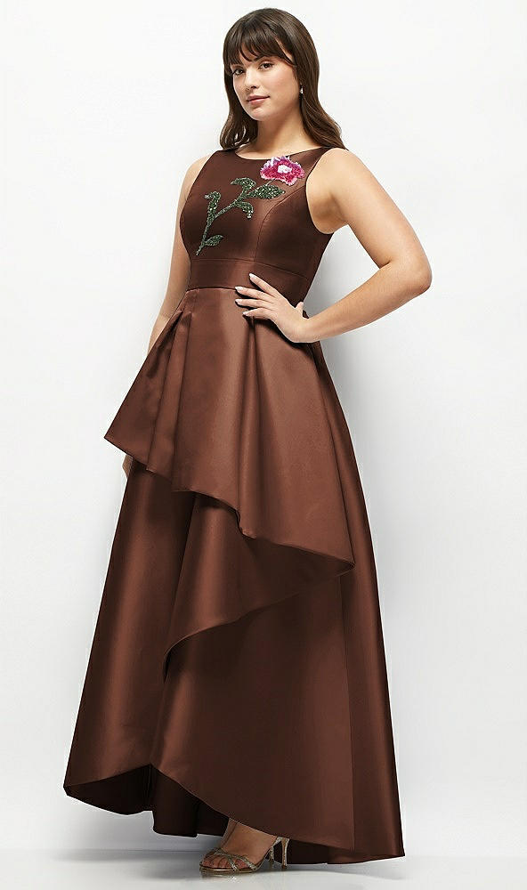 Front View - Cognac Beaded Floral Bodice Satin Maxi Dress with Layered Ballgown Skirt