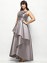 Front View Thumbnail - Cashmere Gray Beaded Floral Bodice Satin Maxi Dress with Layered Ballgown Skirt