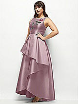 Front View Thumbnail - Dusty Rose Beaded Floral Bodice Satin Maxi Dress with Layered Ballgown Skirt