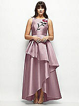 Side View Thumbnail - Dusty Rose Beaded Floral Bodice Satin Maxi Dress with Layered Ballgown Skirt