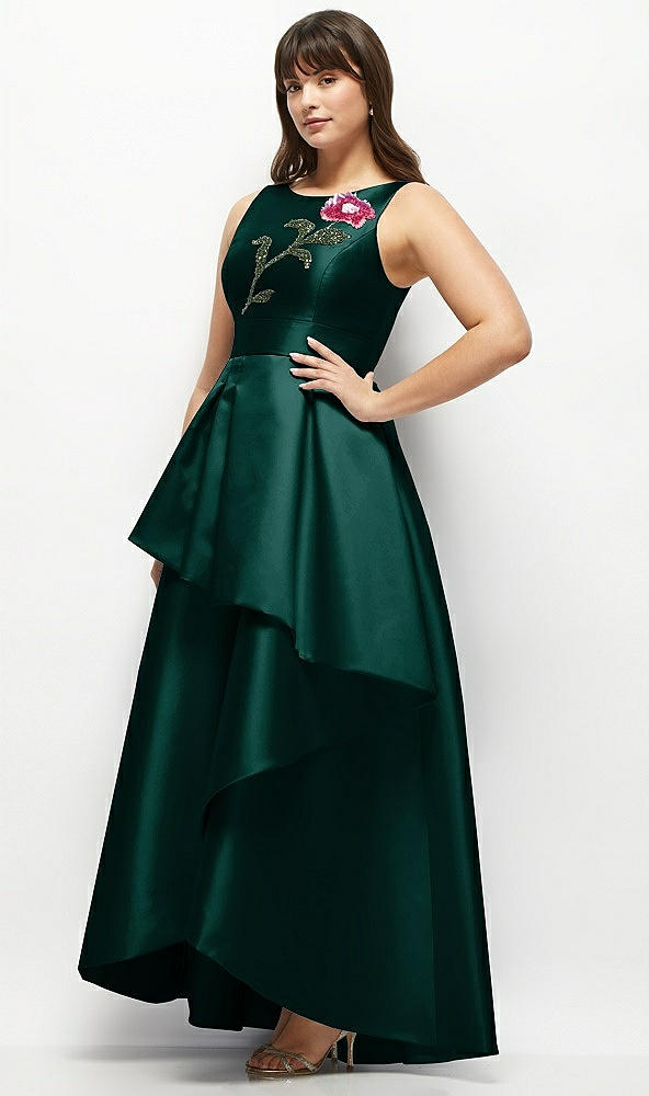 Front View - Evergreen Beaded Floral Bodice Satin Maxi Dress with Layered Ballgown Skirt