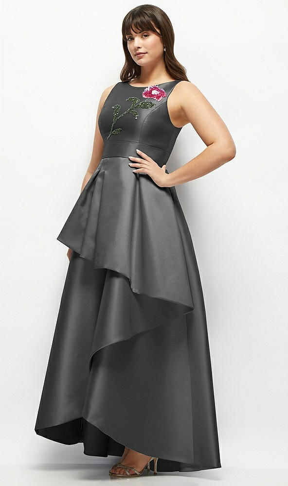 Front View - Gunmetal Beaded Floral Bodice Satin Maxi Dress with Layered Ballgown Skirt