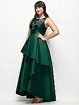 Front View Thumbnail - Hunter Green Beaded Floral Bodice Satin Maxi Dress with Layered Ballgown Skirt